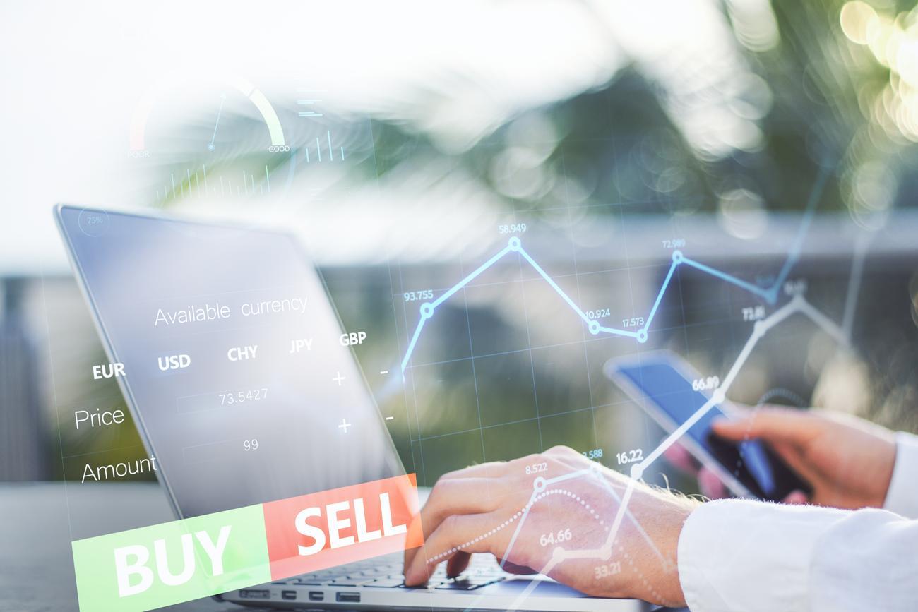 Conceito de mercado de ações com gráficos de compra e venda, representando transações financeiras.