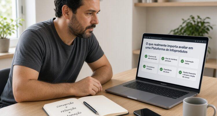 Um produtor digital avaliando os critérios que realmente importam (checkout de alta conversão, área de membros premium, automação nativa, ecossistema completo e experiência do aluno), em um ambiente realista e profissional.