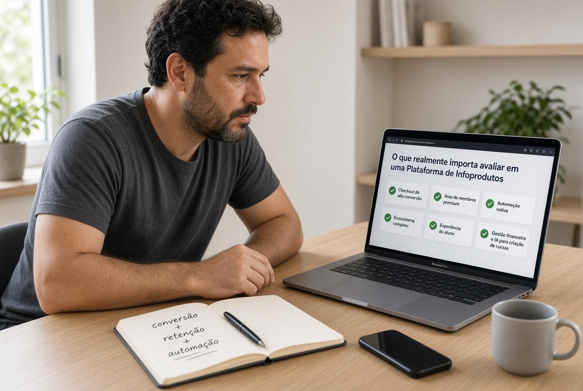 Um produtor digital avaliando os critérios que realmente importam (checkout de alta conversão, área de membros premium, automação nativa, ecossistema completo e experiência do aluno), em um ambiente realista e profissional.