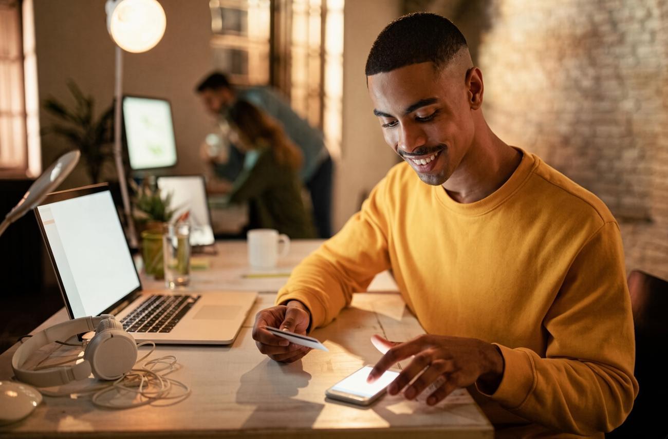 Homem sorridente usando smartphone e laptop.